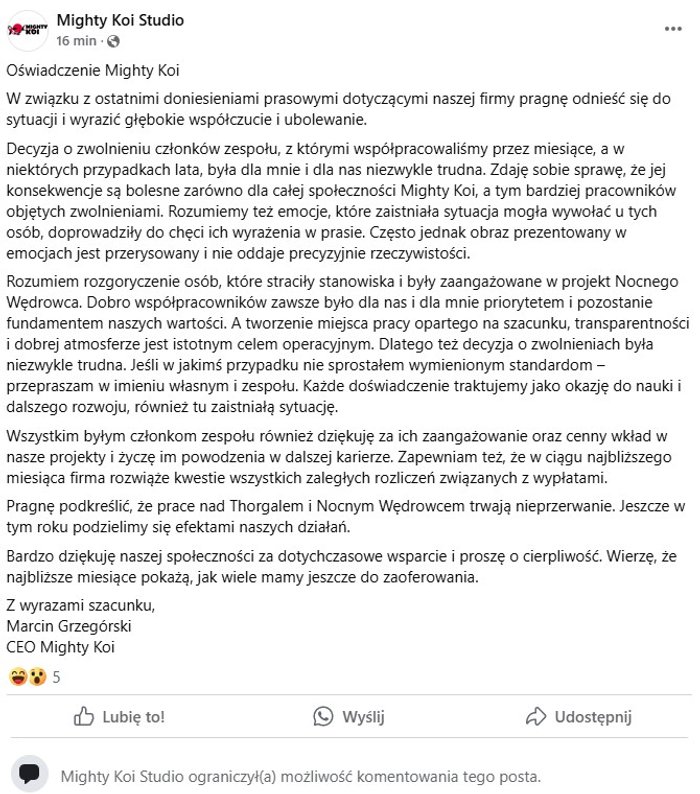 Cross News - oświadczenie Mighty Koi